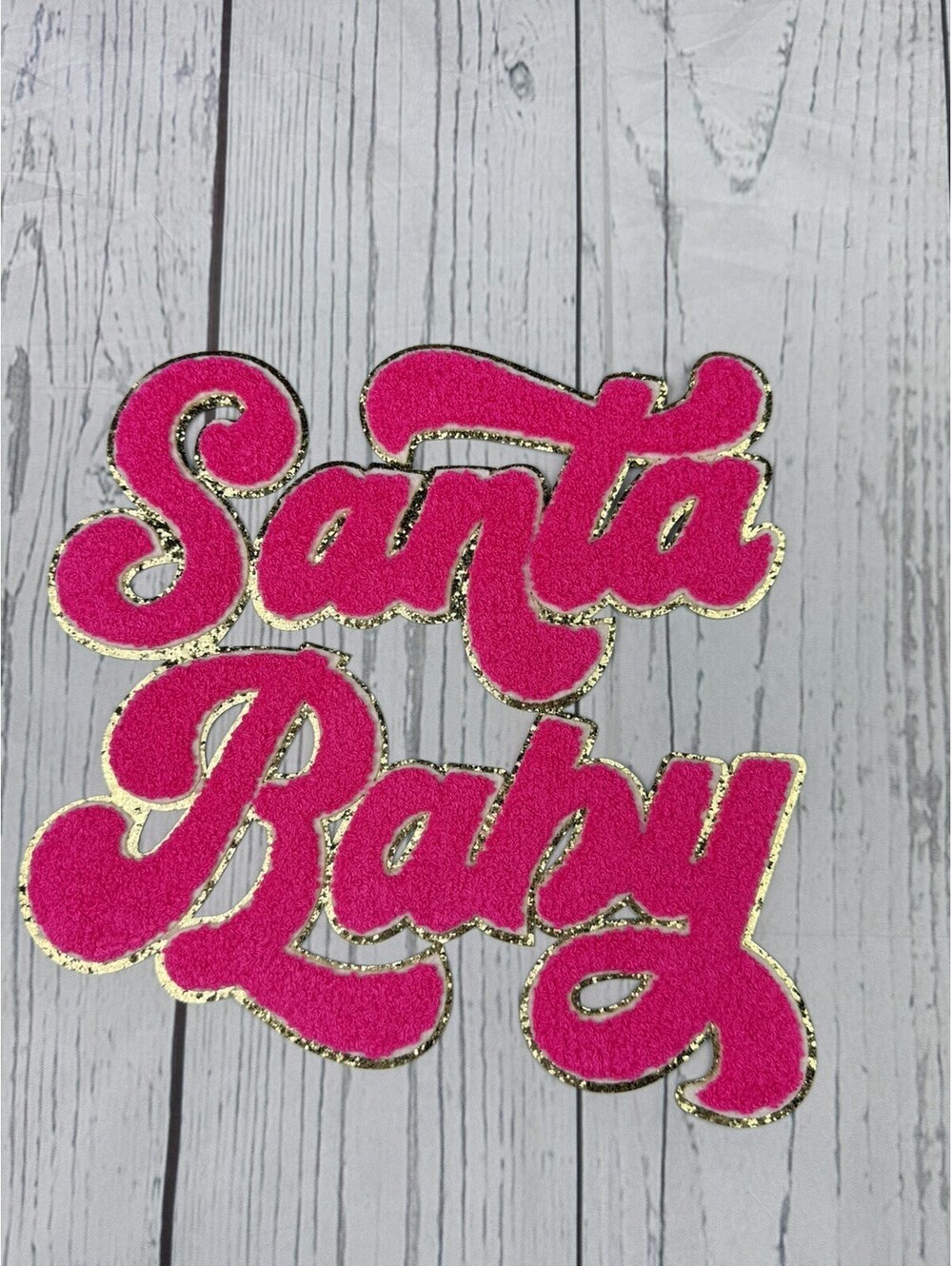 Chenille Iron-On Patch - 11 inch - Santa Baby - pink Christmas holiday spirit